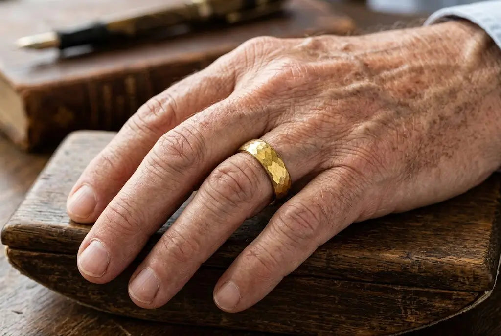 An older man's hand wearing a worn-in tungsten wedding band — the ring of a man who chose well twenty years ago