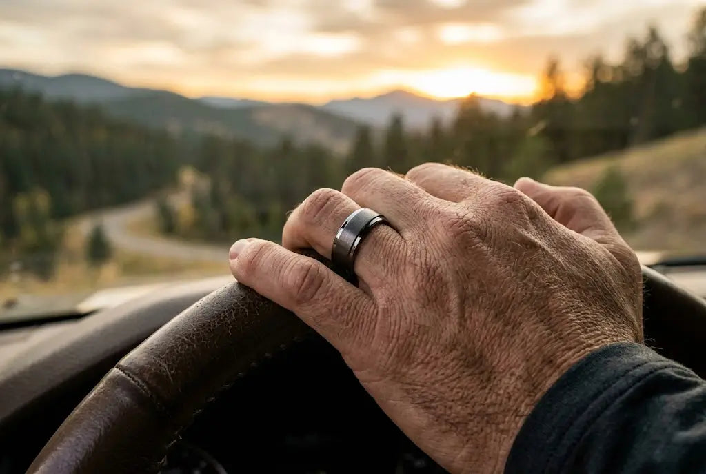 A close-up photograph of an Archer Wade tungsten ring (brushed finish with polished edges) on a man’s hand