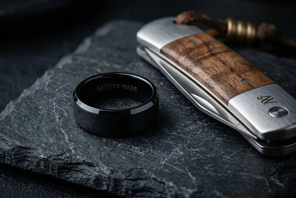 Macro photography of a sleek, matte black men's wedding band resting on a piece of dark, textured slate stone.