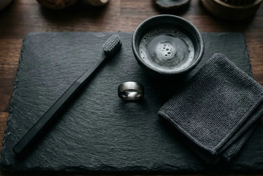 A neat "flat lay" photograph on a dark wood or slate surface.