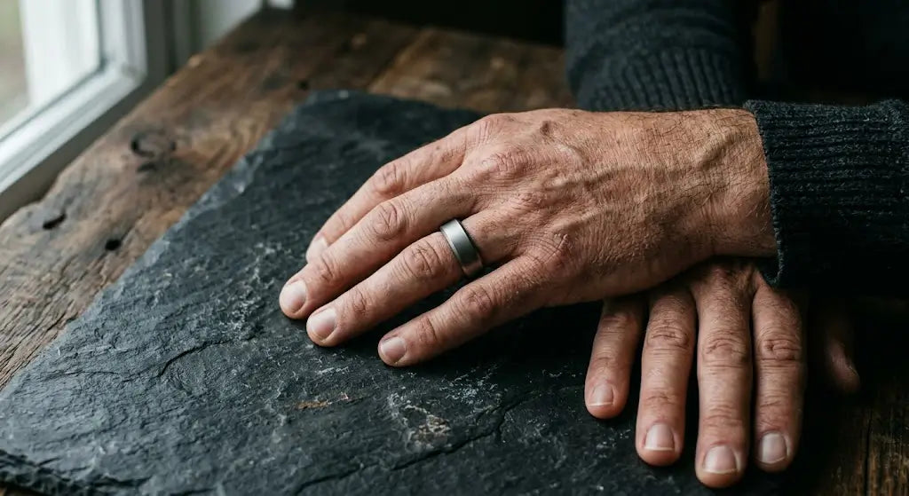 A high-resolution, close-up lifestyle shot of a man's hands resting on a dark, textured surface (like slate stone or aged dark walnut).