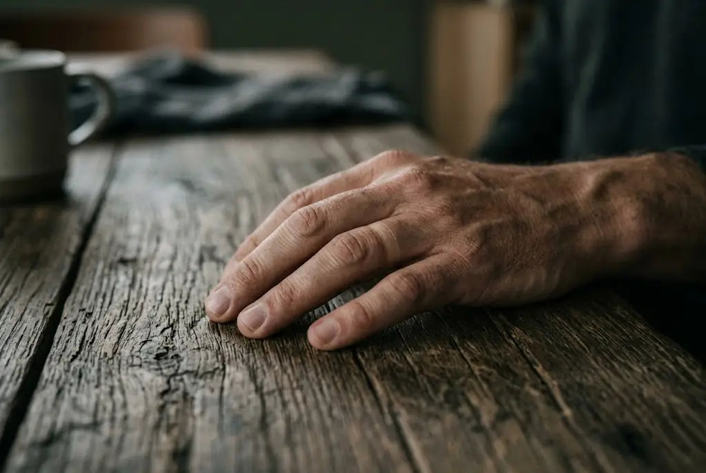 A moody, close-up photograph focusing on a man’s bare hand resting on a weathered, dark oak table.