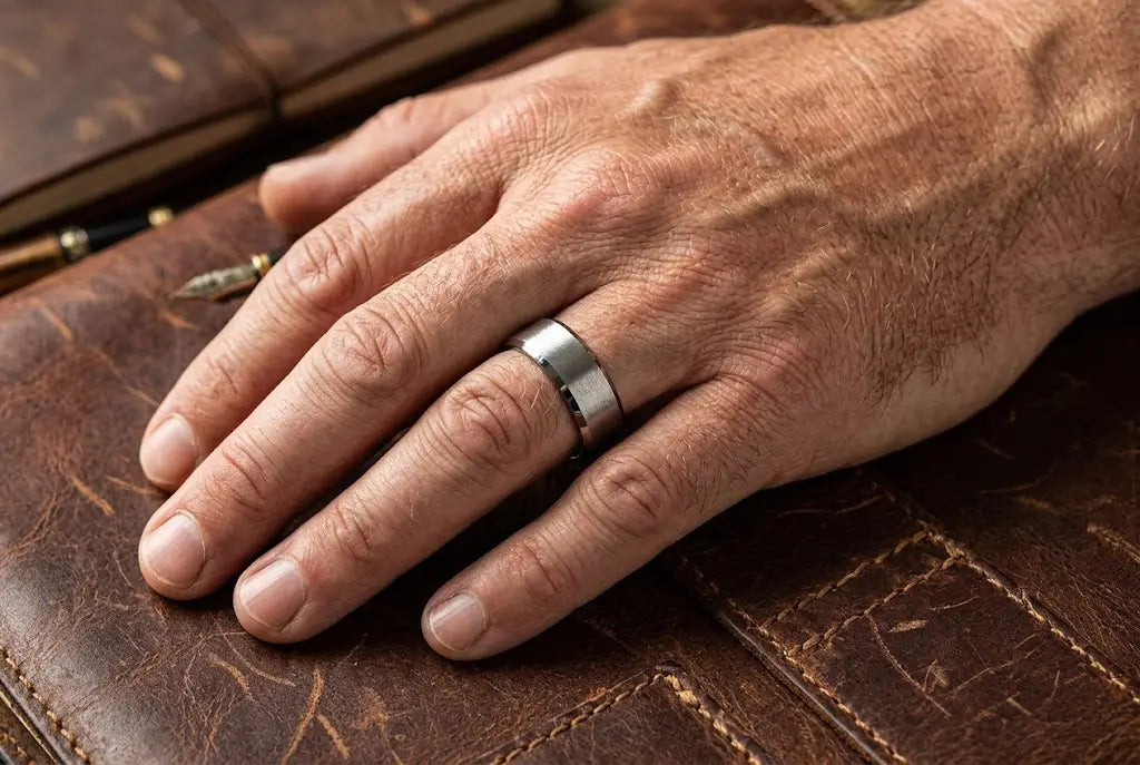Brushed silver tungsten modern heirloom wedding band on a man's hand resting on aged leather