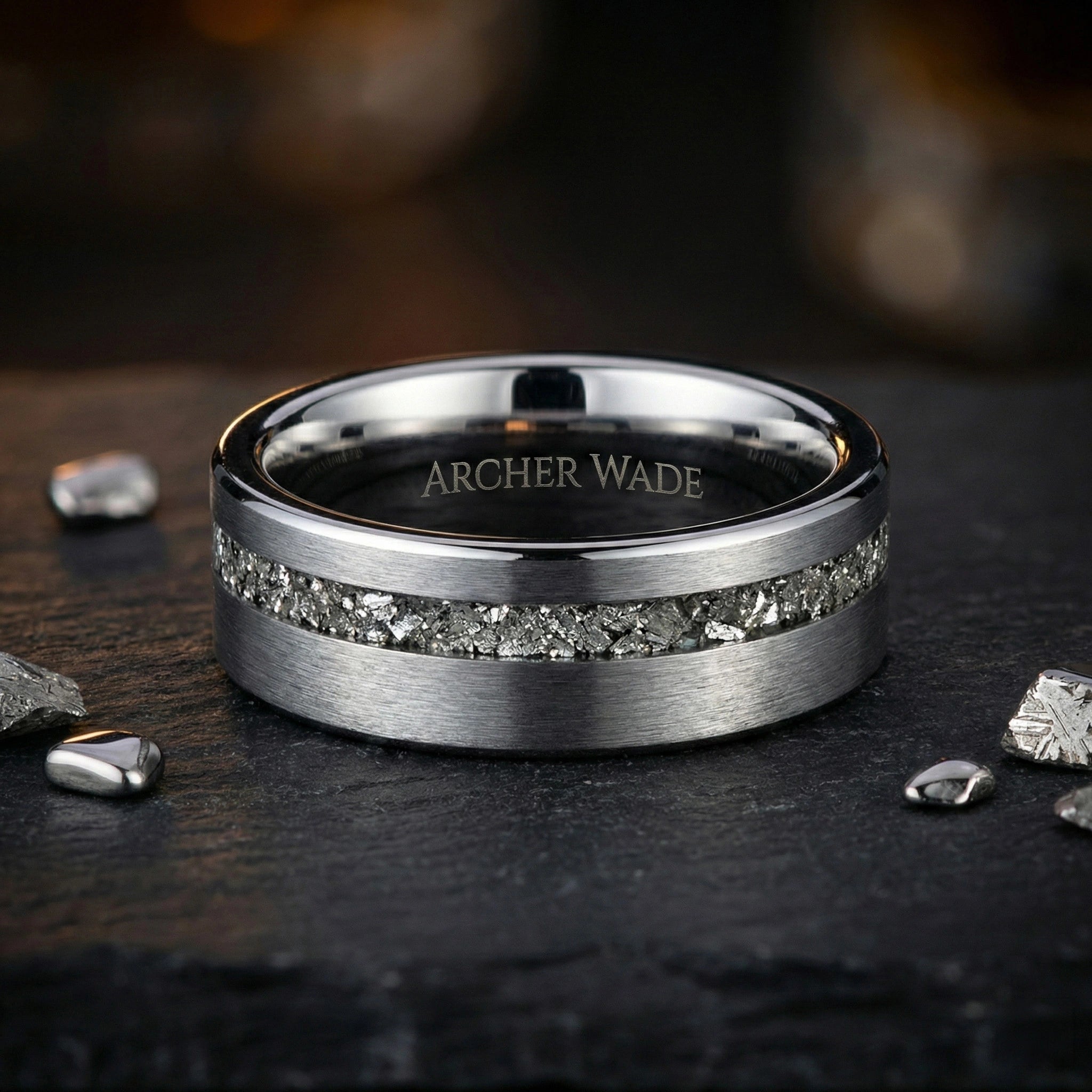 The Summit Band - Tungsten with Silver Plate & Crushed Meteorite