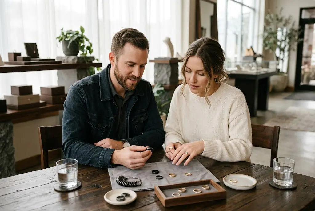 A modern, candid photograph of a couple in their early thirties, casually but stylishly dressed (perhaps the man in a dark denim jacket, the woman in a knit sweater), in a bright, modern jewelry showroom.