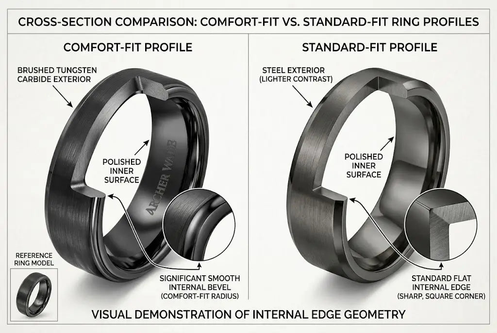 Cross-section diagram or close-up showing the beveled interior edge of a comfort-fit tungsten wedding band versus a standard-fit ring