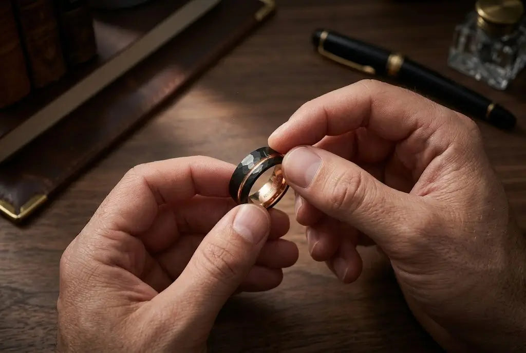 A professional, macro POV (Point of View) shot looking down. A man’s clean, masculine hands are carefully holding a wedding band (e.g., a polished tungsten band).