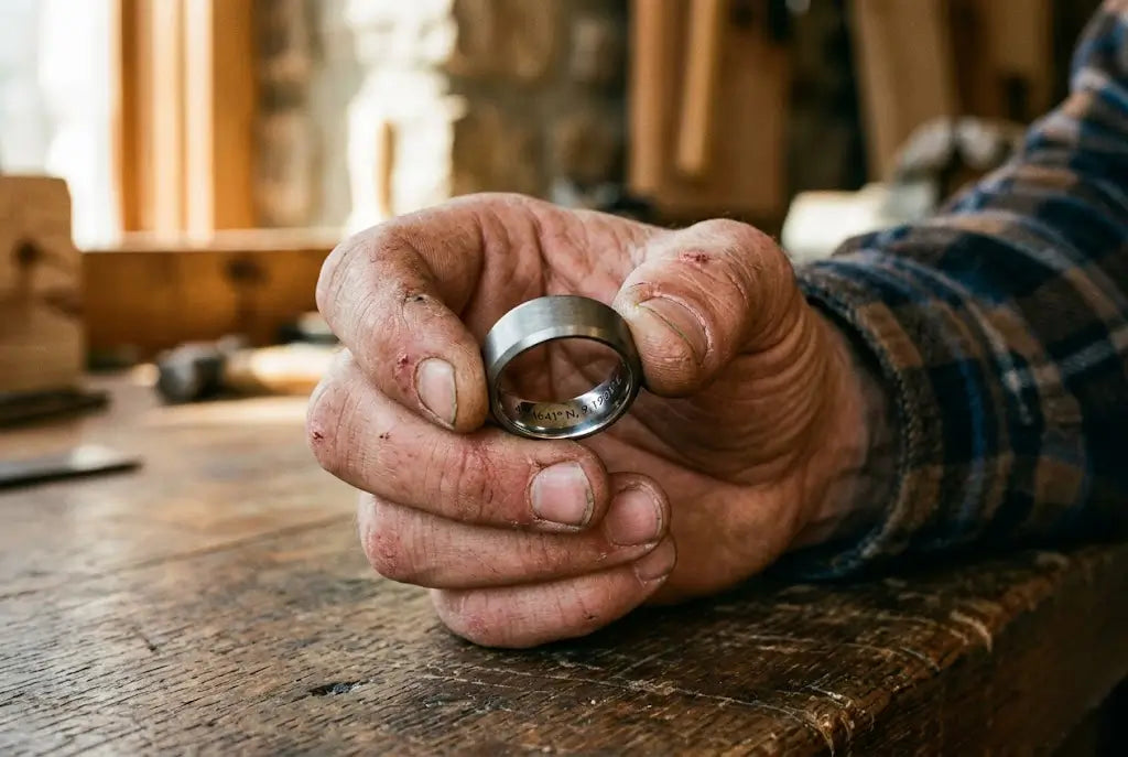 A candid, close-up lifestyle photograph of a man’s hand—textured skin, showing natural wear from daily work—holding a heavy, brushed titanium wedding band.