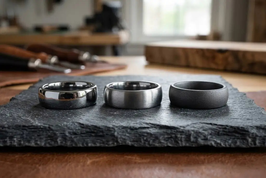 A high-resolution, macro photograph of three distinct men's tantalum wedding bands resting side-by-side on a textured slab of dark grey slate. 