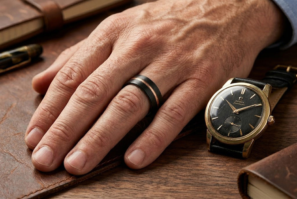 Heirloom-quality men's wedding band on a hand resting beside a vintage mechanical watch — built to last decades
