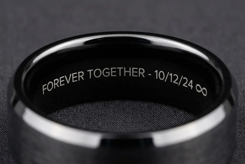 Macro detail of a tungsten wedding band's interior engraving — clean laser-engraved text on the inside of the band