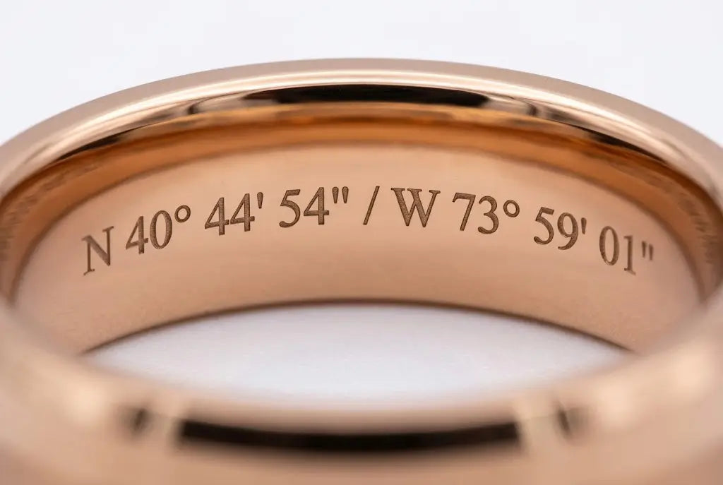 Macro detail of the inside of a tungsten wedding band engraved with GPS coordinates