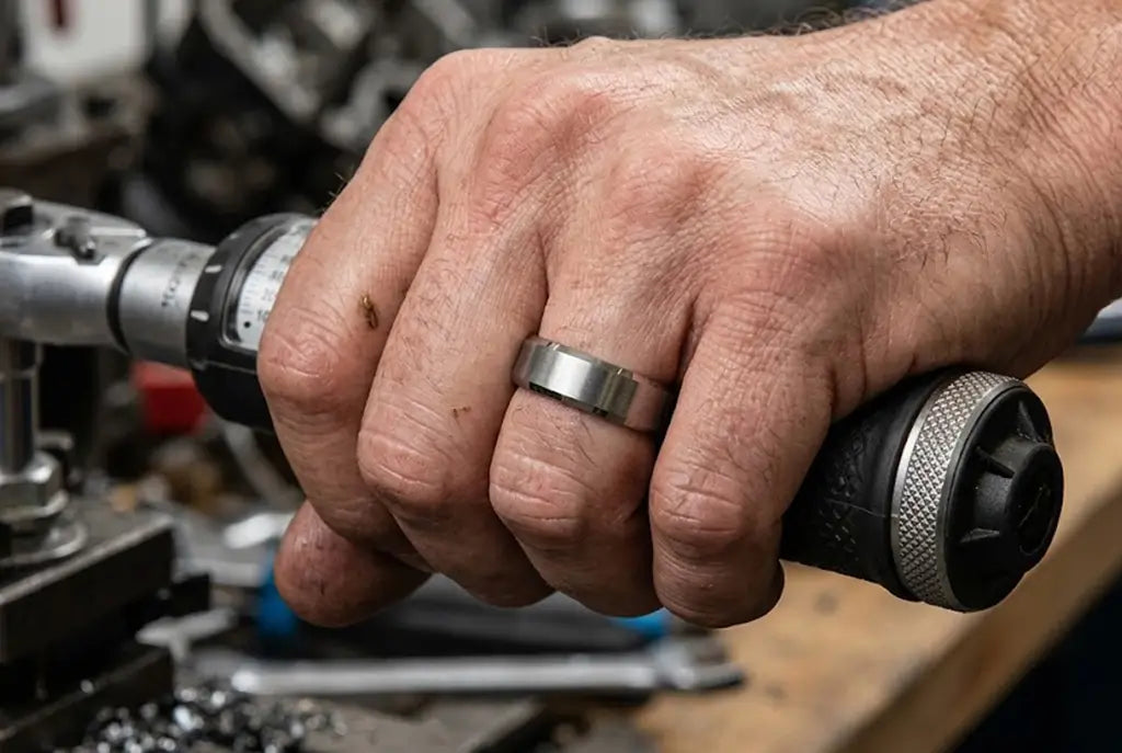 Man's hand wearing a brushed tungsten wedding band gripping a torque wrench in a workshop setting