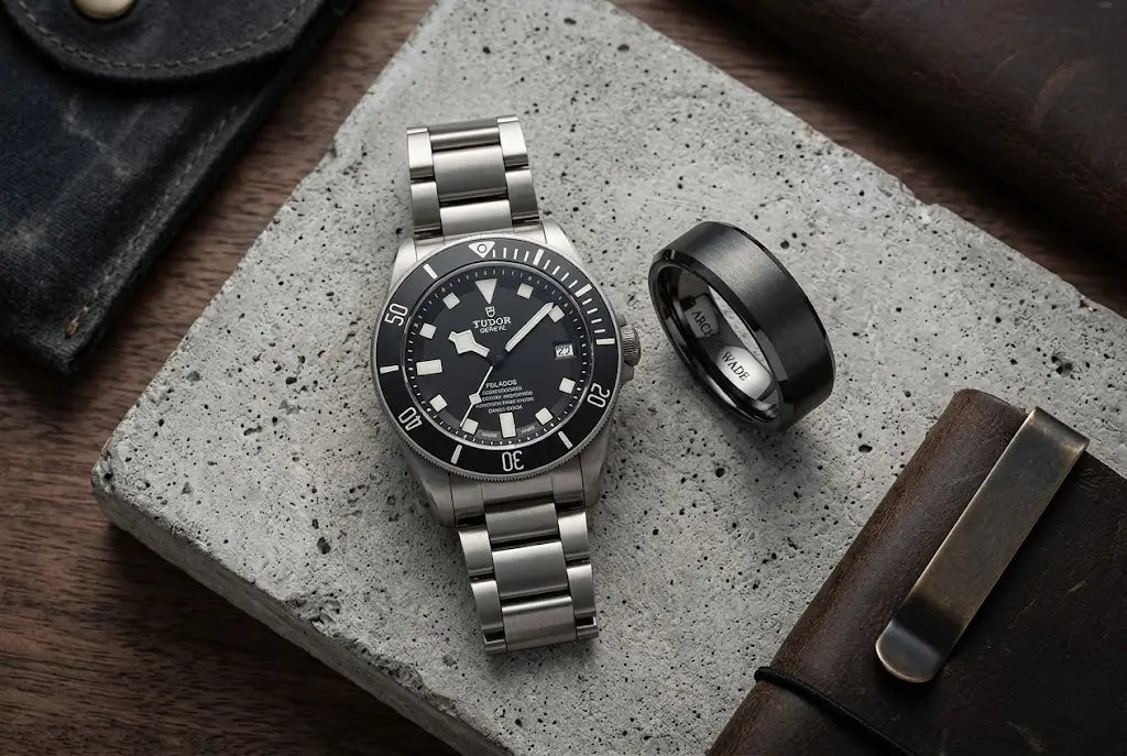 A clean, slightly desaturated, high-resolution photograph (flat lay or a man's hand on raw concrete/dark wood).