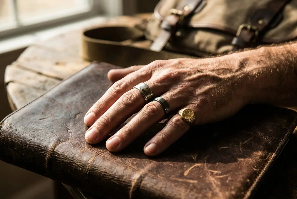Hand wearing three rings resting on a worn leather journal in warm light