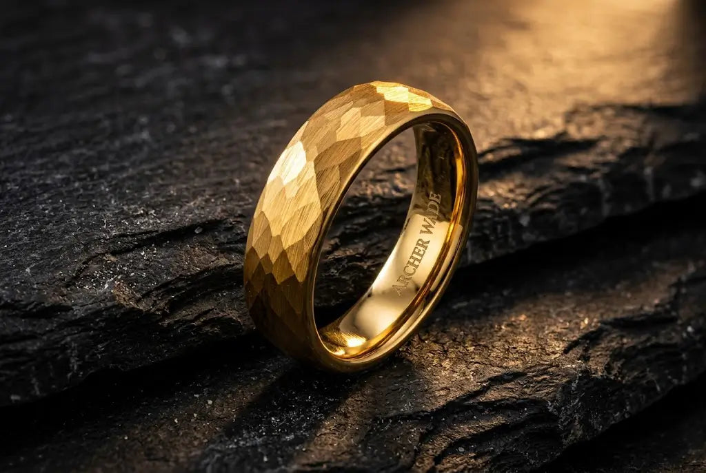 A macro, high-contrast shot of an Archer Wade 6mm gold band on a piece of raw slate or dark wood.