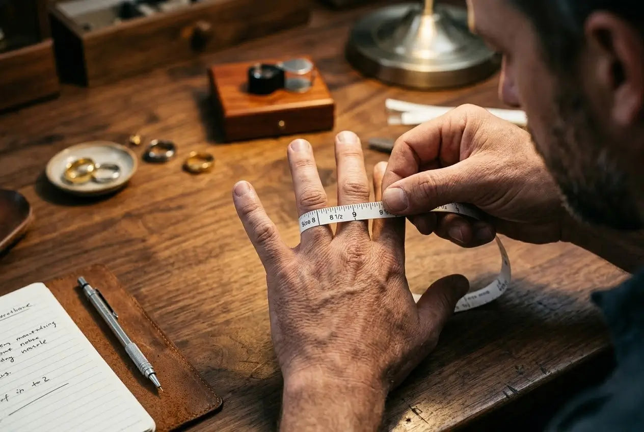 Man using a ring sizing strip at a desk to measure his finger accurately for a new band.