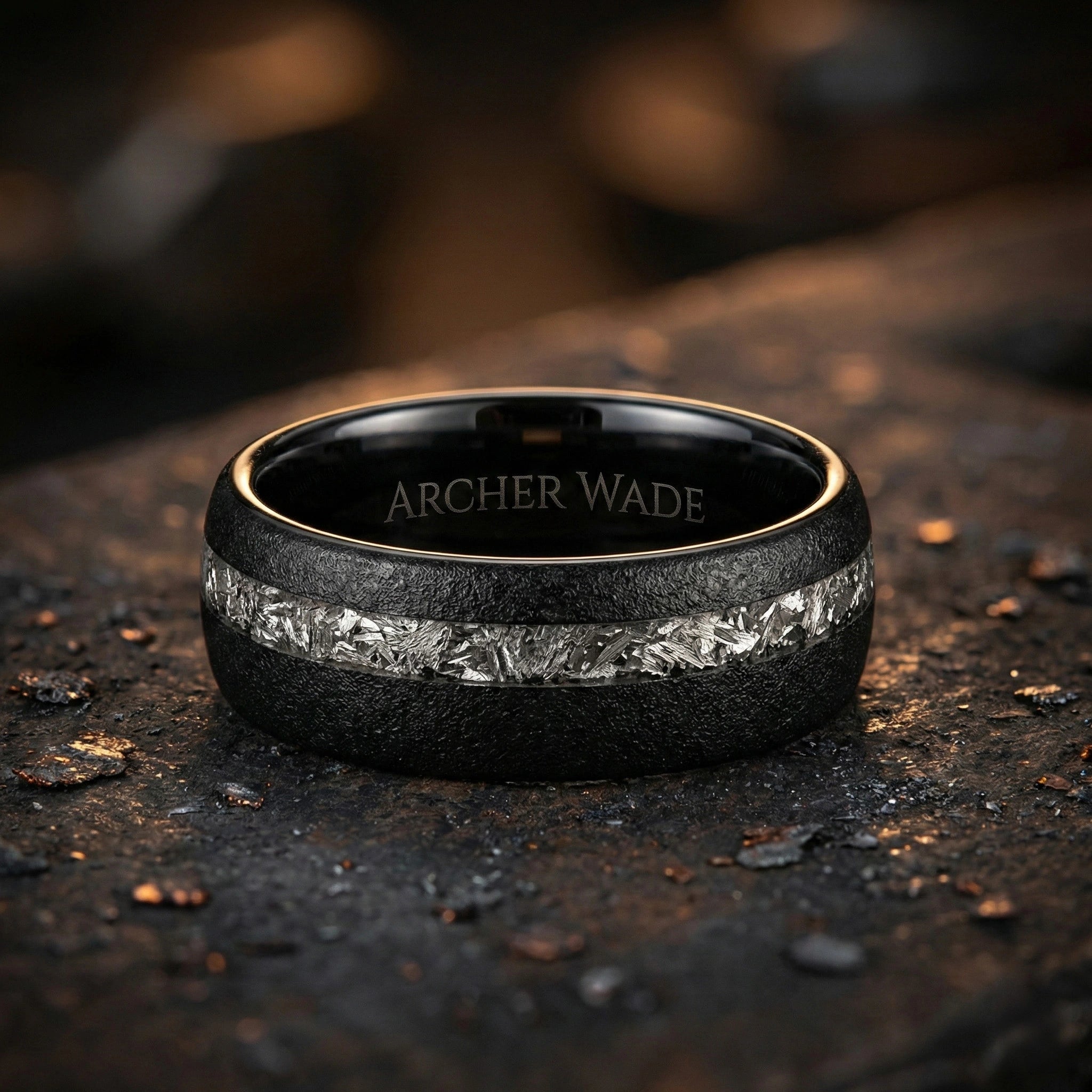 The Forge Band - Tungsten with Black Plate & Meteorite Shaving